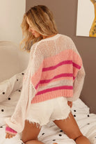 BiBi Ivory & Pink Hollowed Out Yoke Detail Striped Sweater