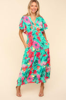 Haptics Multicolor Tropical Floral Smock Waist Tiered Midi Dress