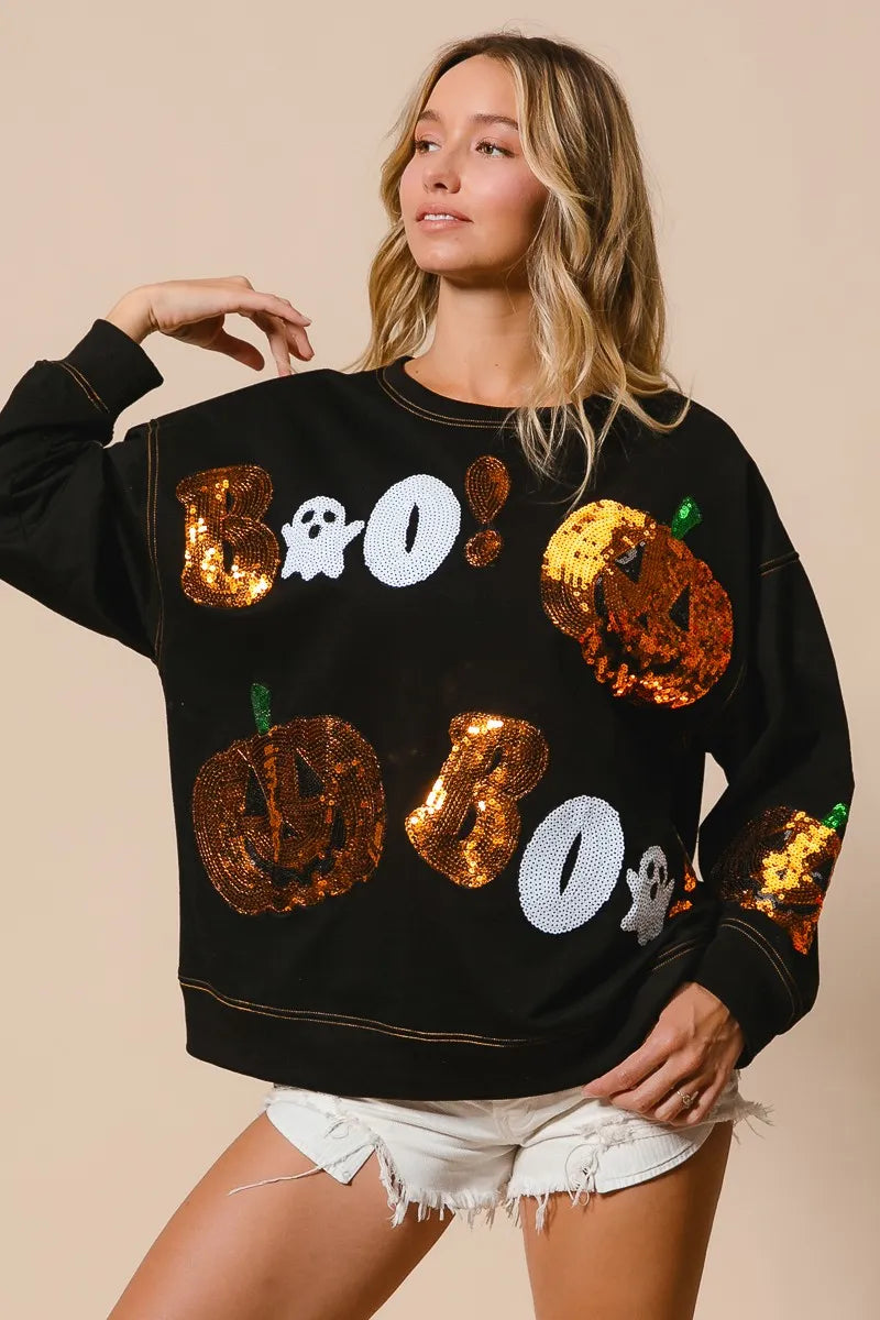 BiBi Black Halloween Theme Sequin Embroideries Sweatshirt