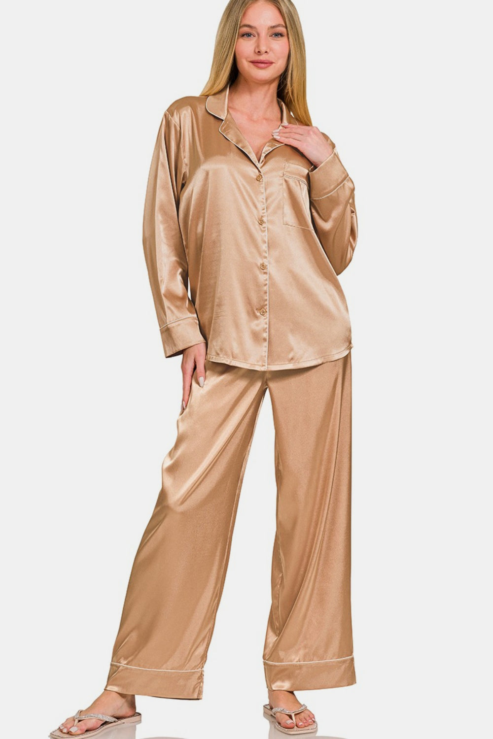 Zenana Brush Satin Long Sleeve Shirt and Pants Pajama Set Brush Trendsi