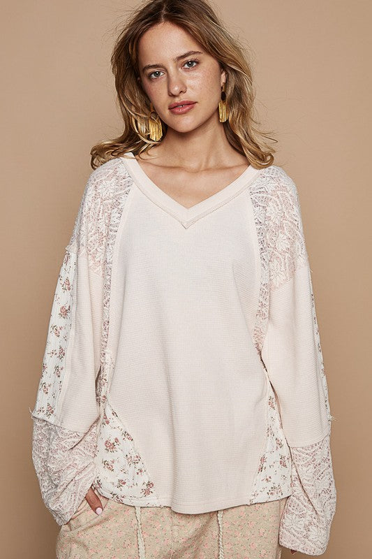 POL Lace Floral Round Neck Knit Top in Egg Shell Eggshell Shirts & Tops