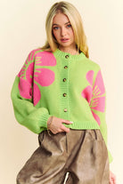 Davi & Dani Lime Flower Contrast Round Neck Long Sleeve Button Down Cardigan Lime Shirts & Tops