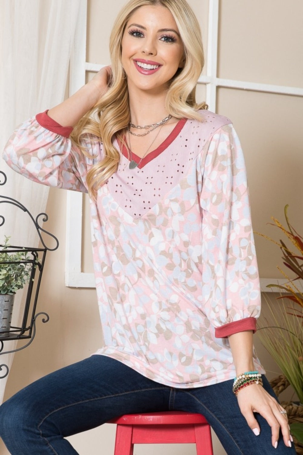 Celeste Leaf Print Contrast Trim Balloon Sleeve Top Pink Taupe