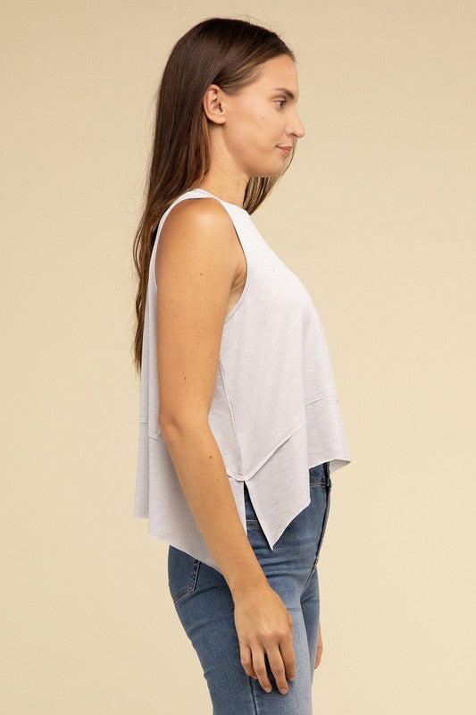 Zenana Shark Bite Side Slit Short Sleeveless Top ZENANA