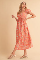 Aemi + Co Coral Cutout Back Floral Square Neck Puff Sleeve Midi Dress