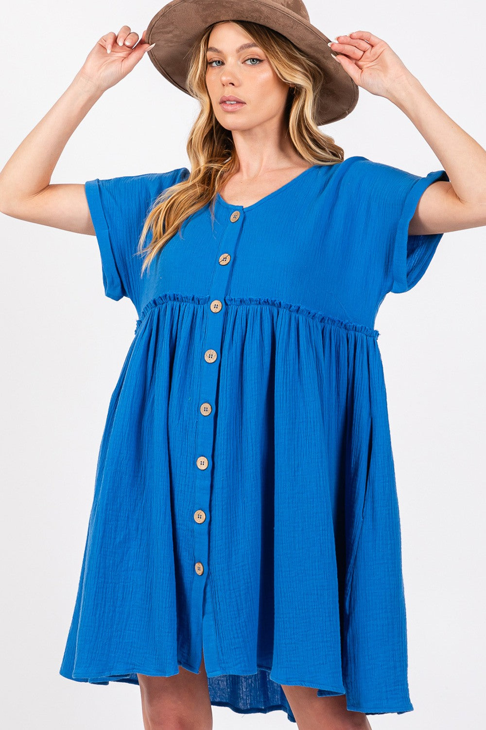 SAGE + FIG Blue Button Up Short Sleeve Dress Trendsi