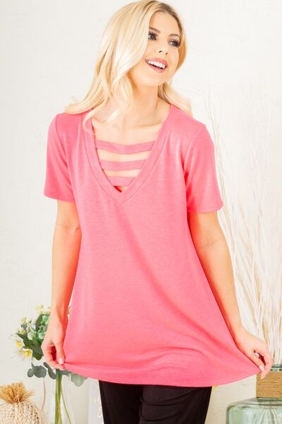 Heimish Hot Pink V-Neck Short Sleeve Top with Bar Detail