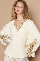 POL Cream Lace Detail Flower Printed V-Neck Knit Top Cream Shirts & Tops