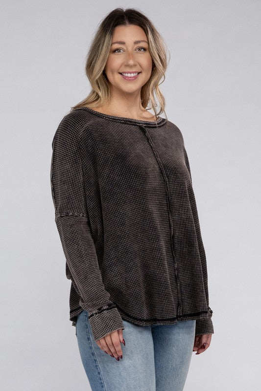 Zenana Plus Size Washed Baby Waffle Oversized Long Sleeve Top ZENANA