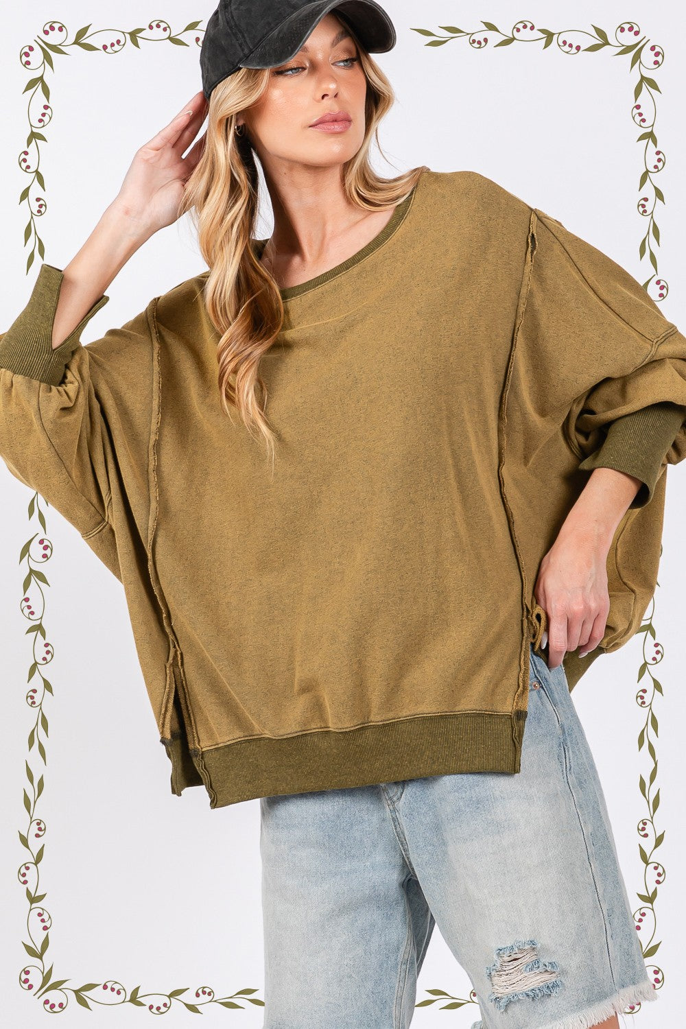 SAGE + FIG Olive Mineral Washed Side Slit Oversized Sweatshirt Trendsi