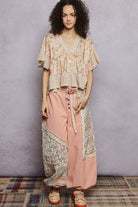 POL Almond Floral Print V-Neck Woven Blouse with Gentle Gathers