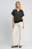 Umgee Black Striped Half Zip Short Sleeve Sweatshirt Shirts & Tops