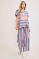 Umgee Washed Dusty Blue & Pink Peace Sign Patch Striped French Terry Top Shirts & Tops