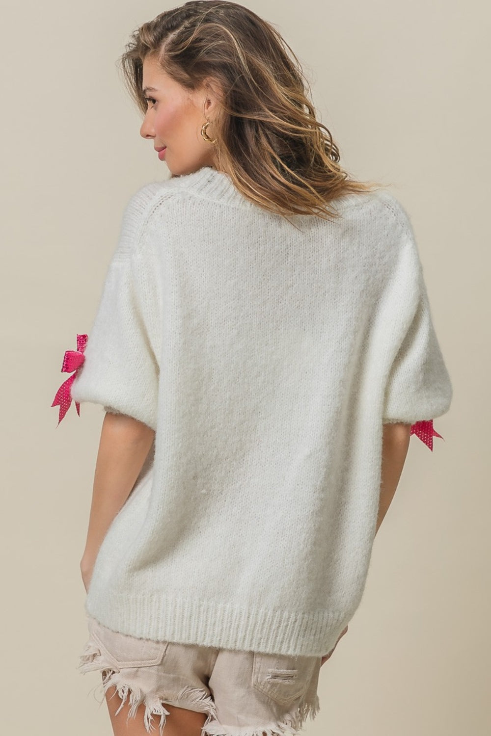 BiBi Ivory & Fuchsia Sequin Bow Puff Sleeve Sweater Trendsi