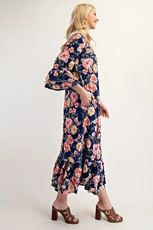 Celeste Soft Navy Floral Ruffle Trim Dress