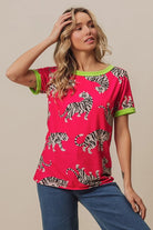 BiBi Big Tiger Print Jersey Contrast Ringer Top FUCHSIA N.GREEN