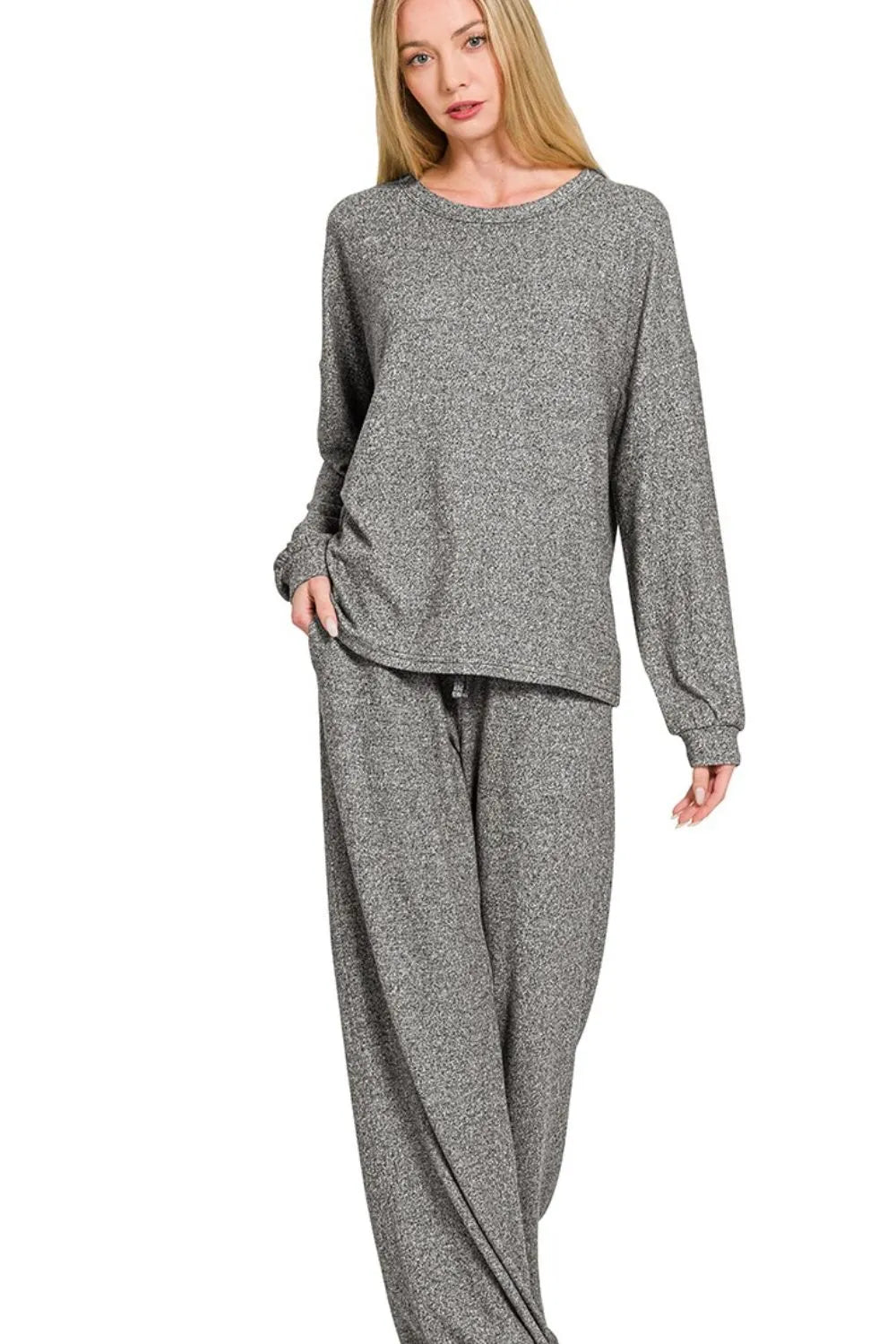 Zenana Black Soft Melange Hacci Long Sleeve Tee & Pants Set BLACK