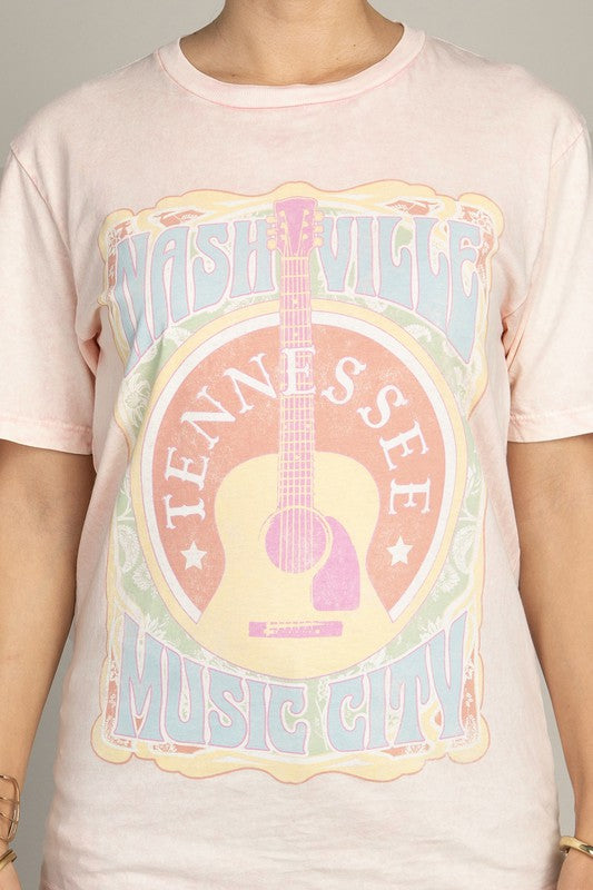 Lotus Fashion Collection Nashville Music City Graphic Top L Pink Mineral Wash Lotus Fashion Collection