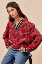 BiBi Christmas Red Plaid Collared Top with Ruffled Detail