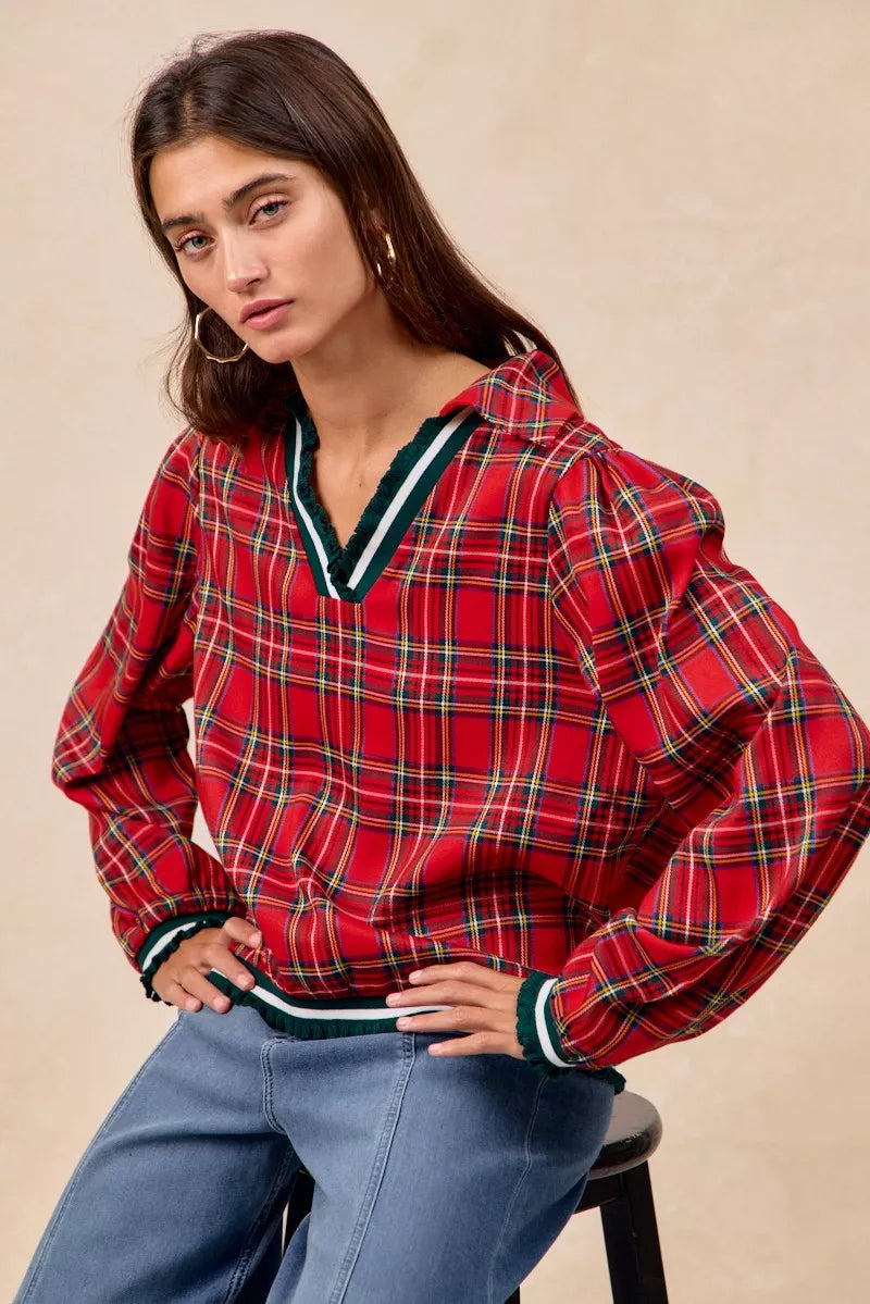 BiBi Christmas Red Plaid Collared Top with Ruffled Detail