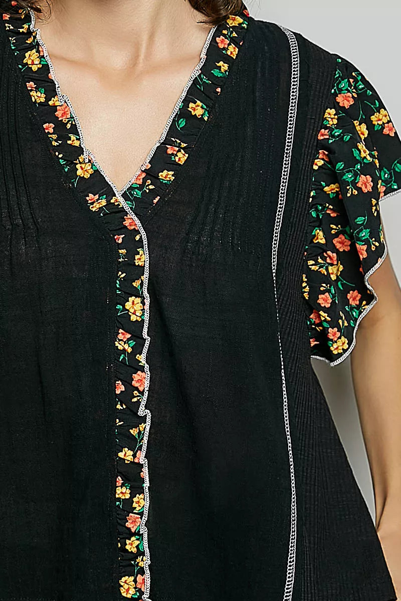 POL Black V-Neck Floral Ruffle Sleeve Blouse