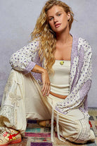 POL Lavender Floral Balloon Sleeve Hooded Lace Jacket with Stitch Detail
