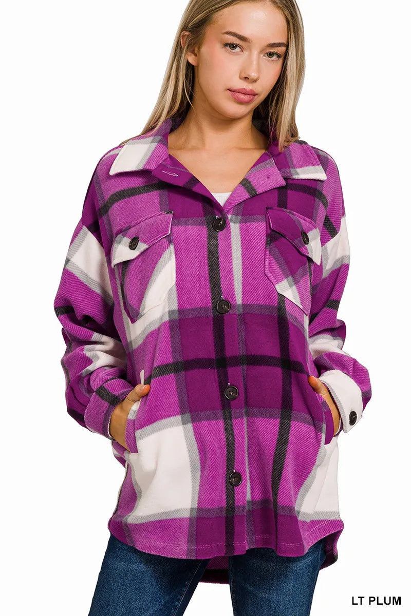 Zenana Light Plum Oversized Plaid Fleece Shacket LT PLUM