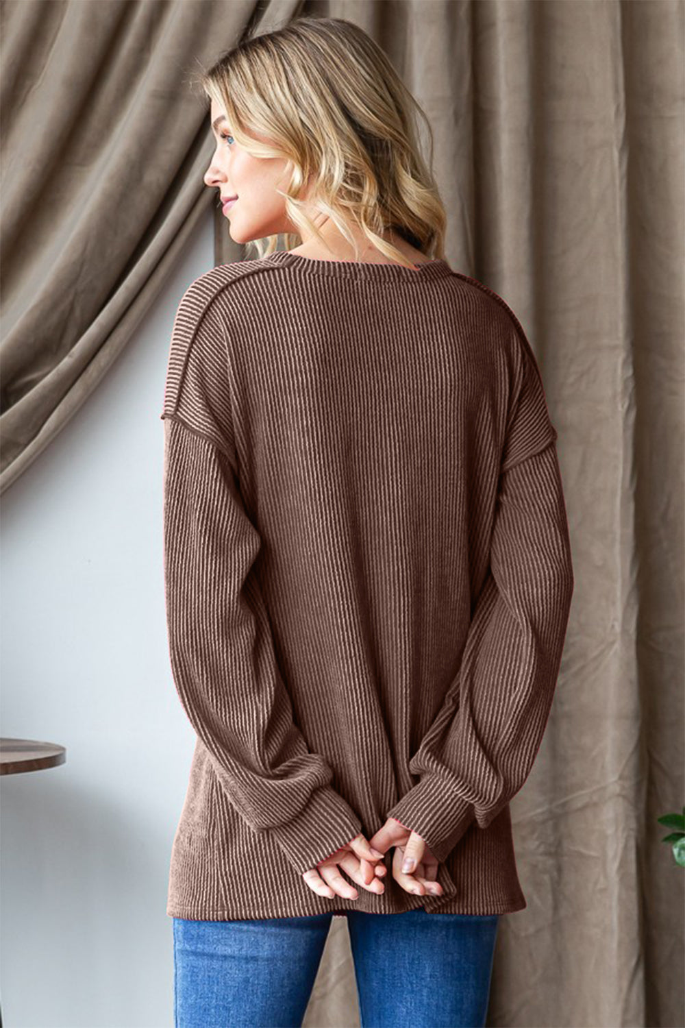 Heimish Camel Merry Ribbed Exposed Seam Long Sleeve T-Shirt Trendsi