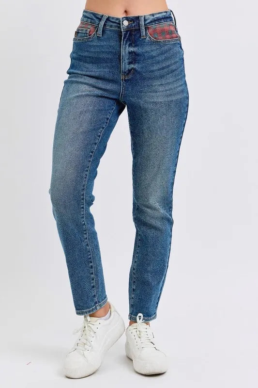 Judy Blue High Waisted Plaid Patch Slim Fit Jeans