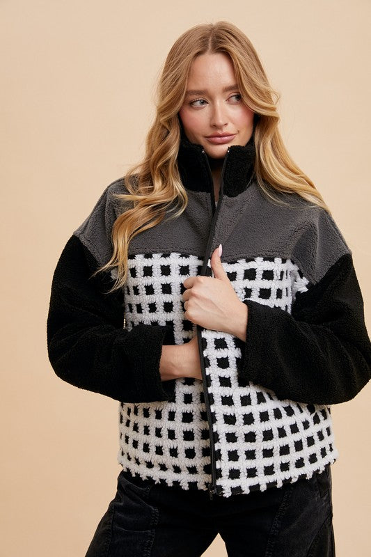 Annie Wear Ivory & Black Plaid Zip Up Drop Shoulder Sherpa Jacket Ivory Black