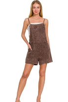 Zenana Brown Washed Linen Knot Strap Romper