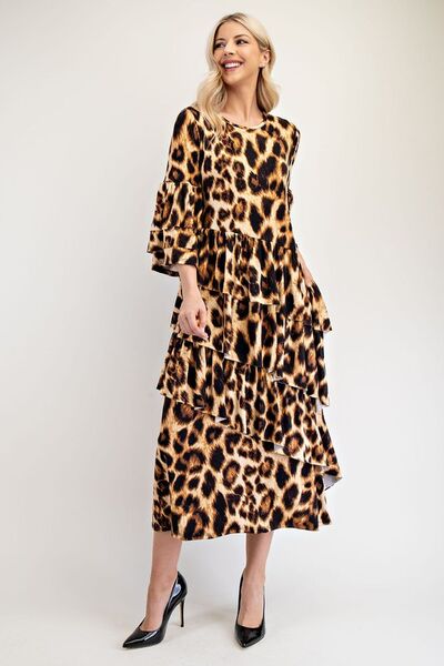 Celeste Leopard Asymmetrical Ruffle Midi Dress