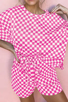 Preorder: Fuchsia Pink Checkered Round Neck Top and Shorts Two-Piece Set