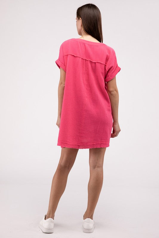 Zenana Gauze Rolled Short Sleeve Raw Edge V-Neck Dress ZENANA