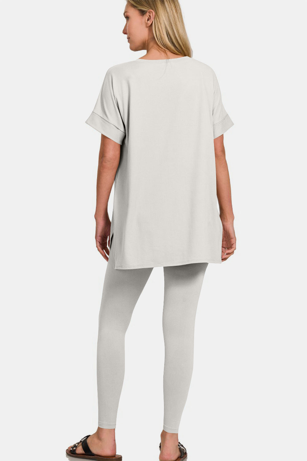 Zenana Light Cement V-Neck Rolled Short Sleeve T-Shirt and Leggings Lounge Set Trendsi