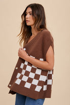 Annie Wear Dark Brown Checkered Button Down Short Sleeve Cardigan