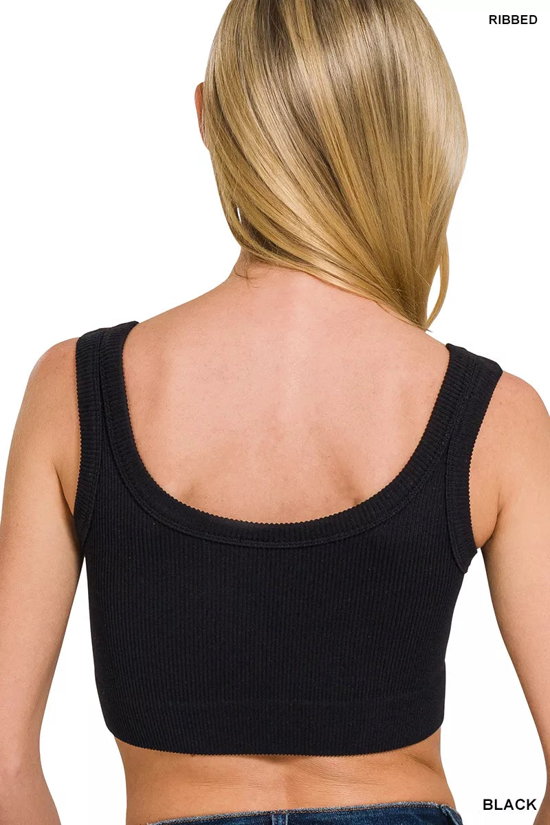 Zenana Black Seamless Ribbed Scoop Neck Cropped Tank