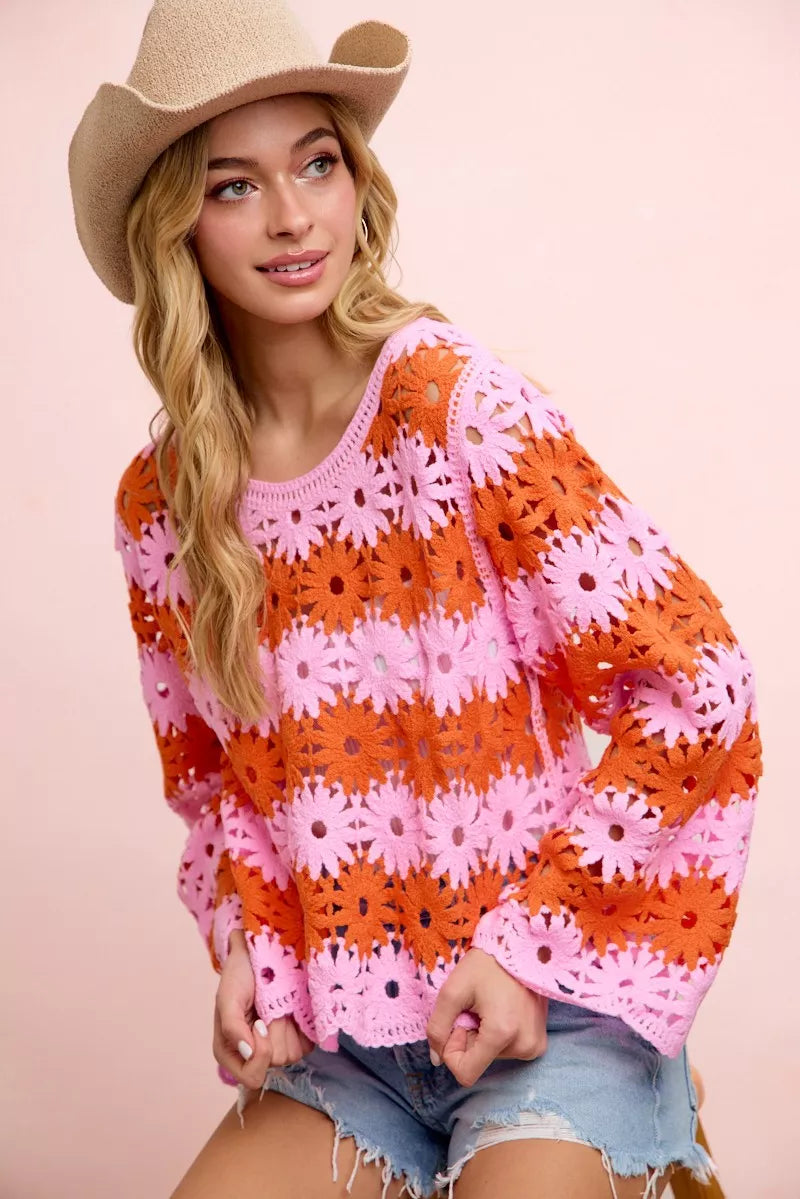 BiBi Pink Flower Crochet Knit Top
