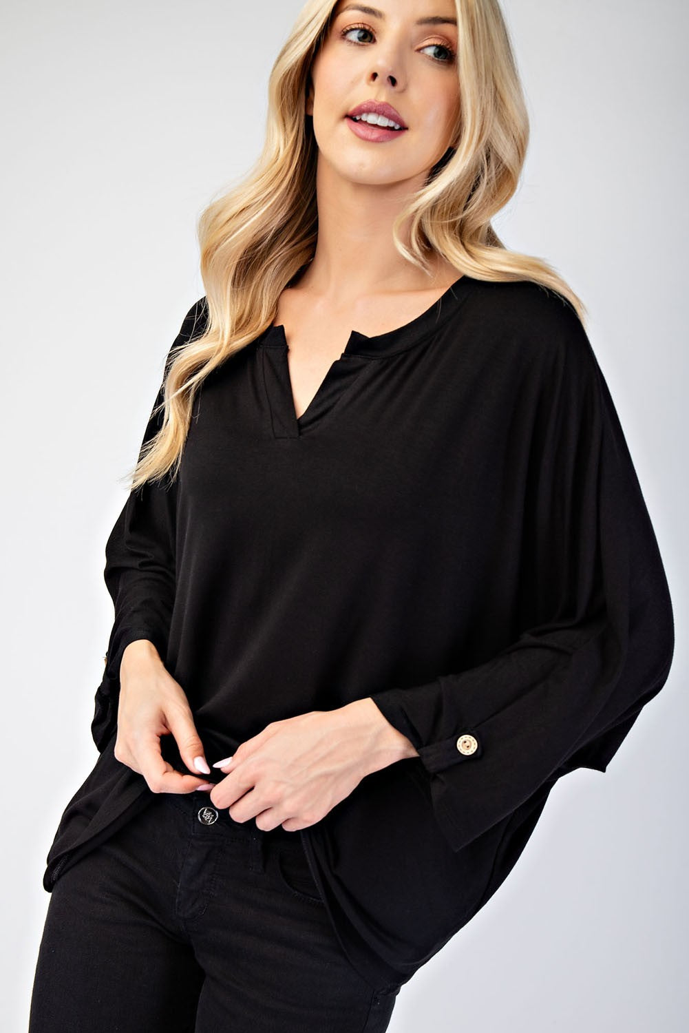 Celeste Black Notched Three-Quarter Sleeve Blouse Black