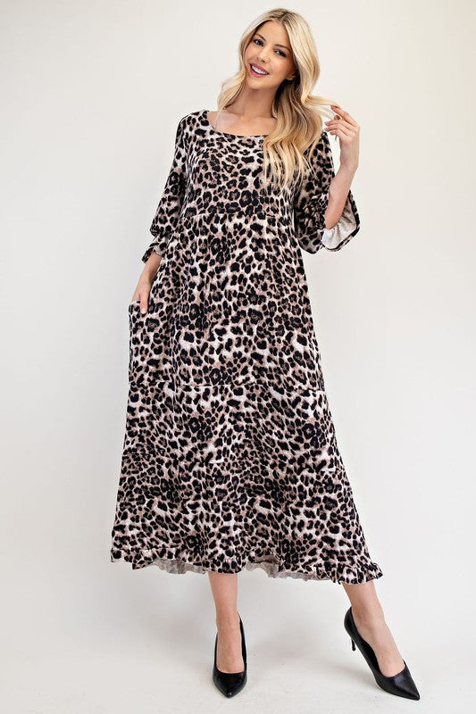 Celeste Brown Leopard Print Round Neck Flounce Sleeve Maxi Dress Dresses