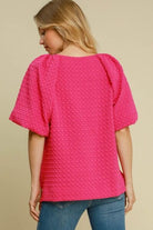 Umgee Hot Pink Boxy Cut Jacquard Round Neck Top with Side Slit