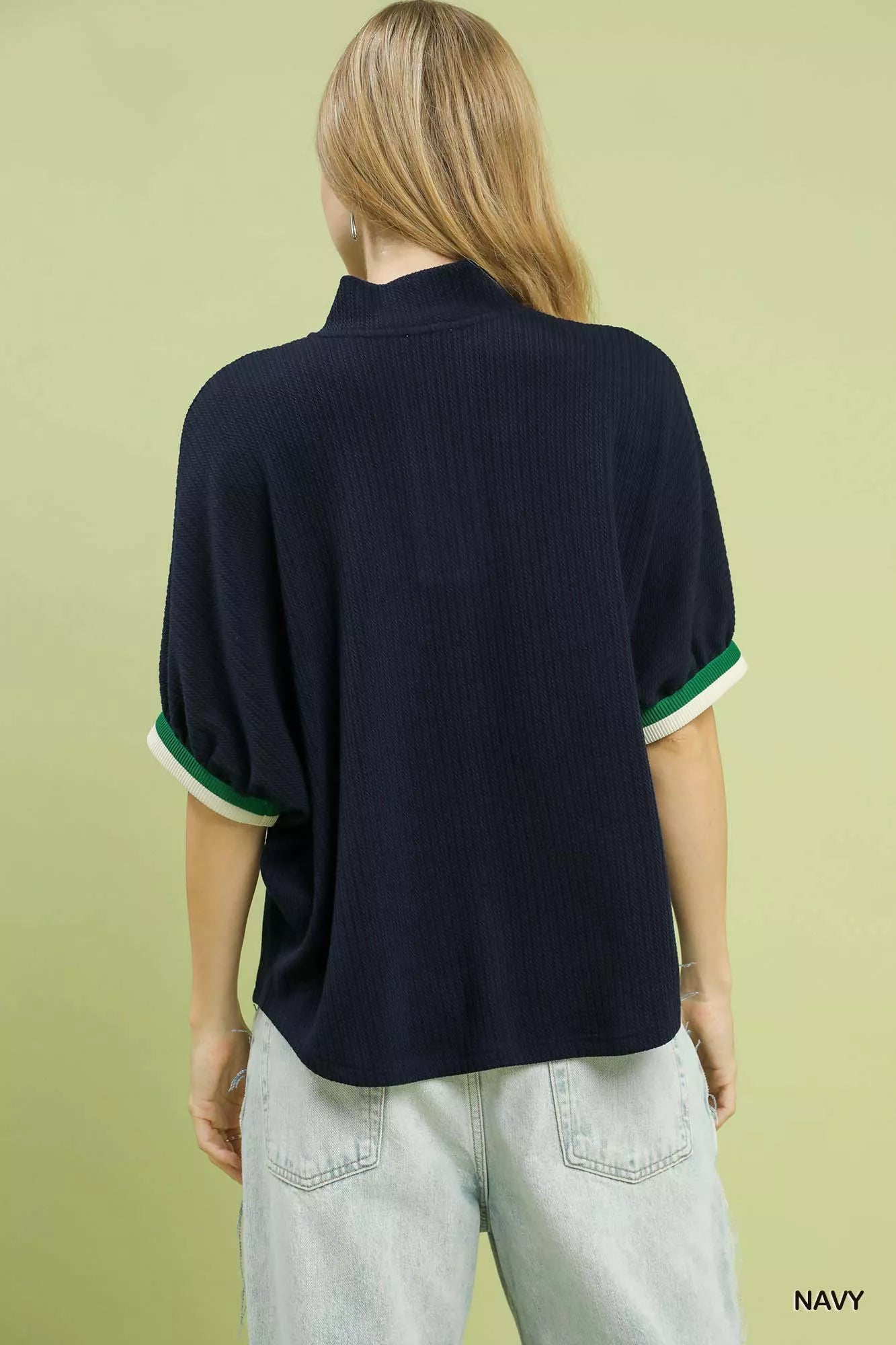 Umgee Textured Knit Top with Striped Contrast Trim