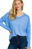 Zenana Ocean Blue Soft Melange Hacci Exposed Seam Hi-low Tee