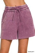 Zenana Eggplant Acid Wash Fleece Drawstring Shorts With Pockets EGGPLANT
