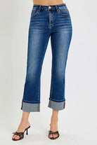 RISEN High Rise Ankle Straight Cuffed Jeans Dark
