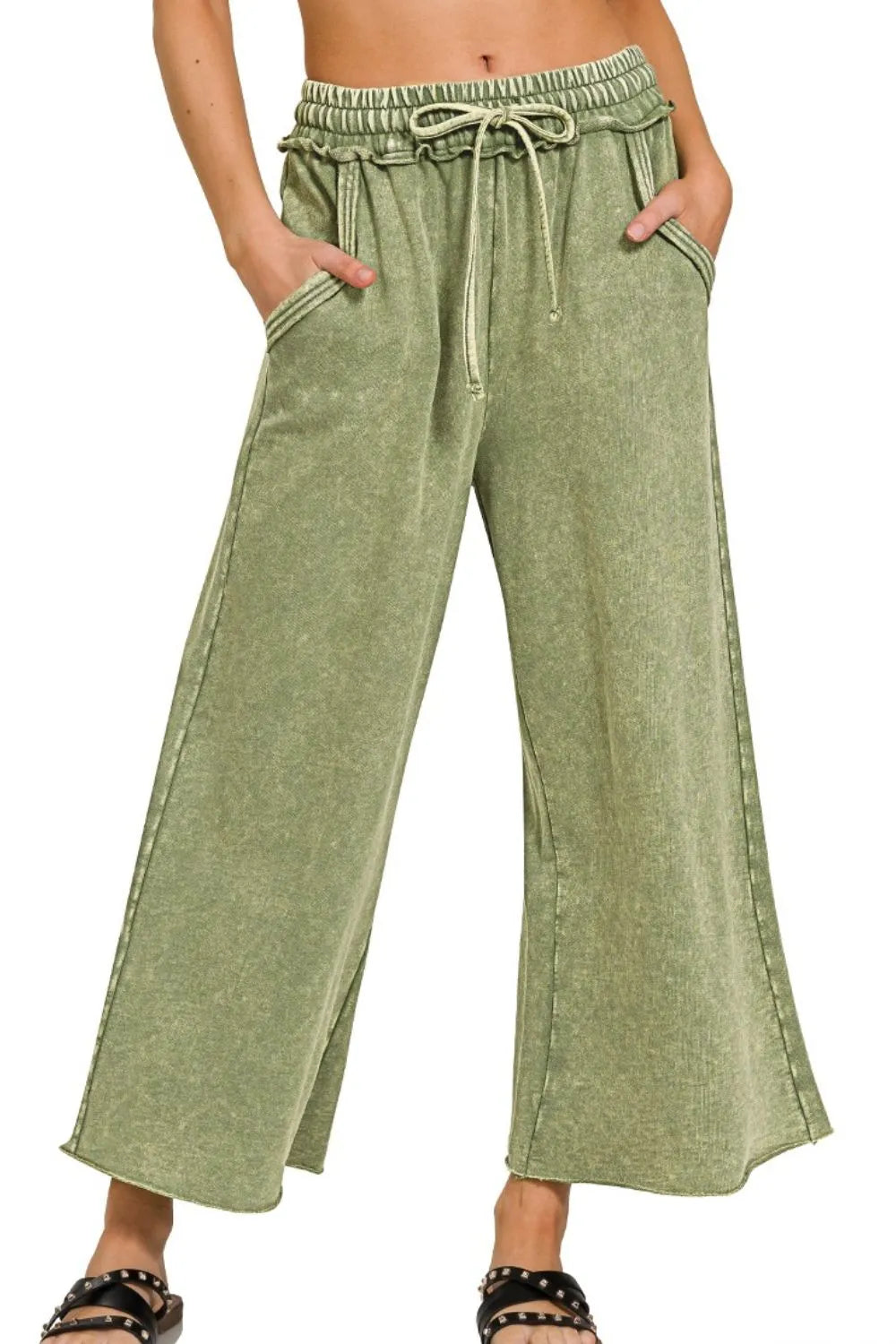 Zenana Light Olive Washed French Terry Palazzo With Pockets LT OLIVE