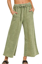 Zenana Light Olive Washed French Terry Palazzo With Pockets LT OLIVE