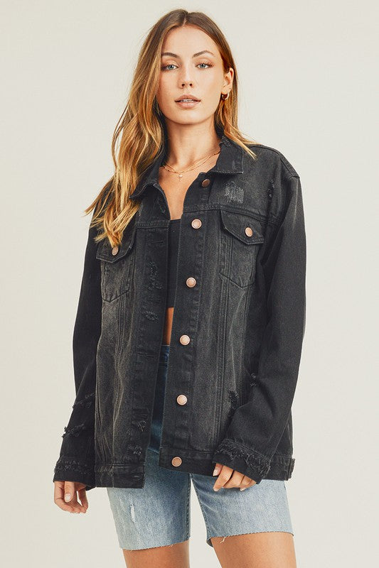 RISEN Black Distressed Long Sleeve Denim Jacket Black Coats & Jackets