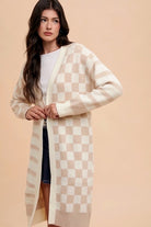 Annie Wear Latte Checkered & Striped Open Front Long Sleeve Cardigan Latte Combo