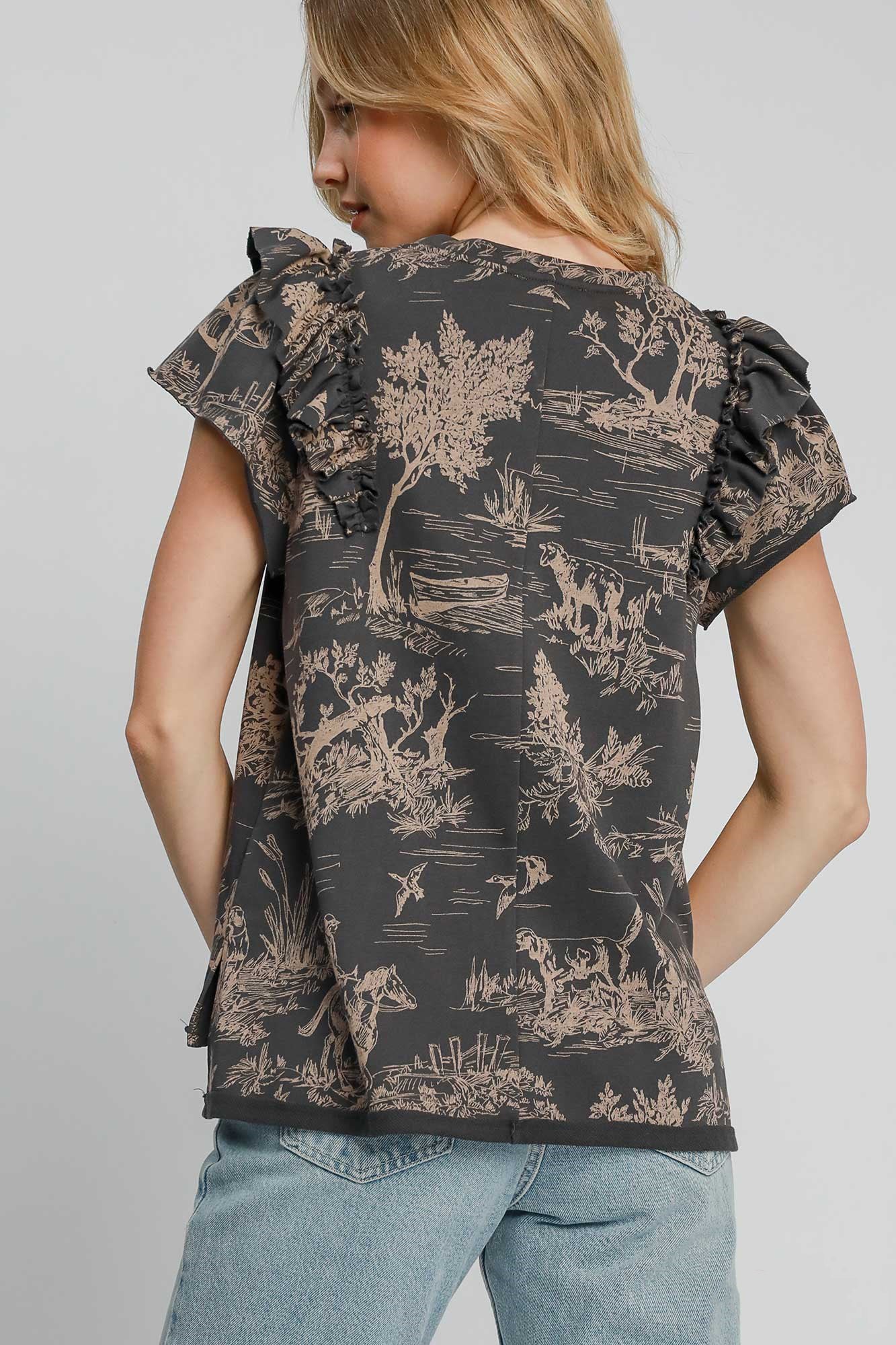 Umgee Ruffled Landscape Print Short Sleeve French Terry Top in Dark Gray Shirts & Tops